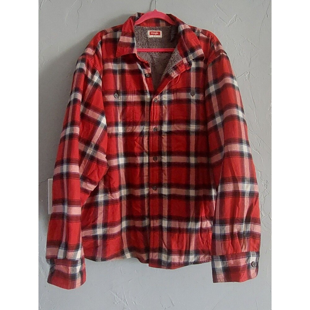 Vintage Wrangler Red Plaid Western Sherpa Lined Men Button Up Flannel Shirt  2XL